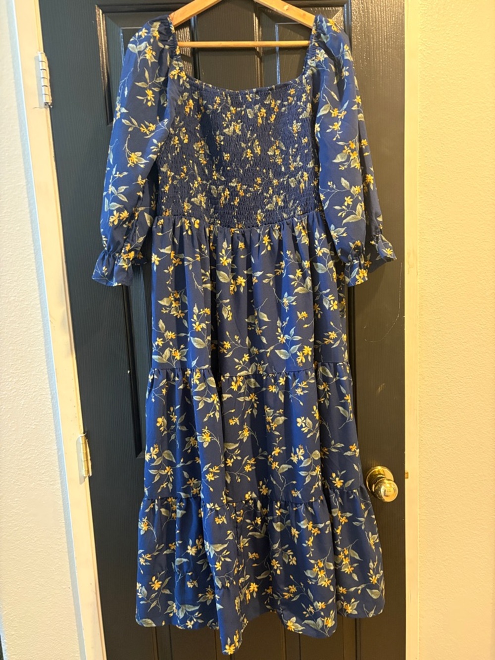 Blue Floral Smocked Maxi Dress with Puff Sleeves